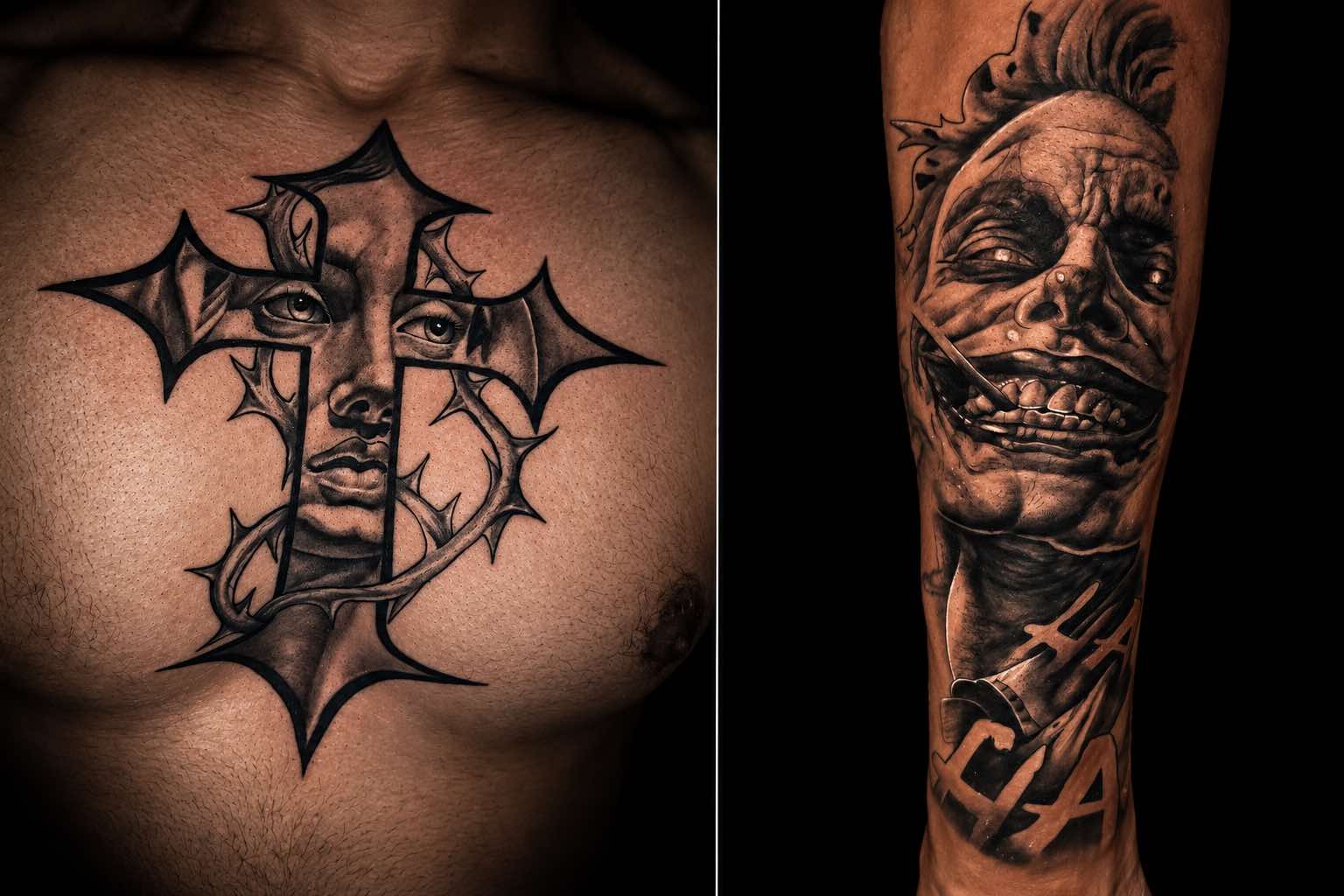 Steve’s black-and-grey cross and portrait chest tattoo alongside a masked face arm tattoo