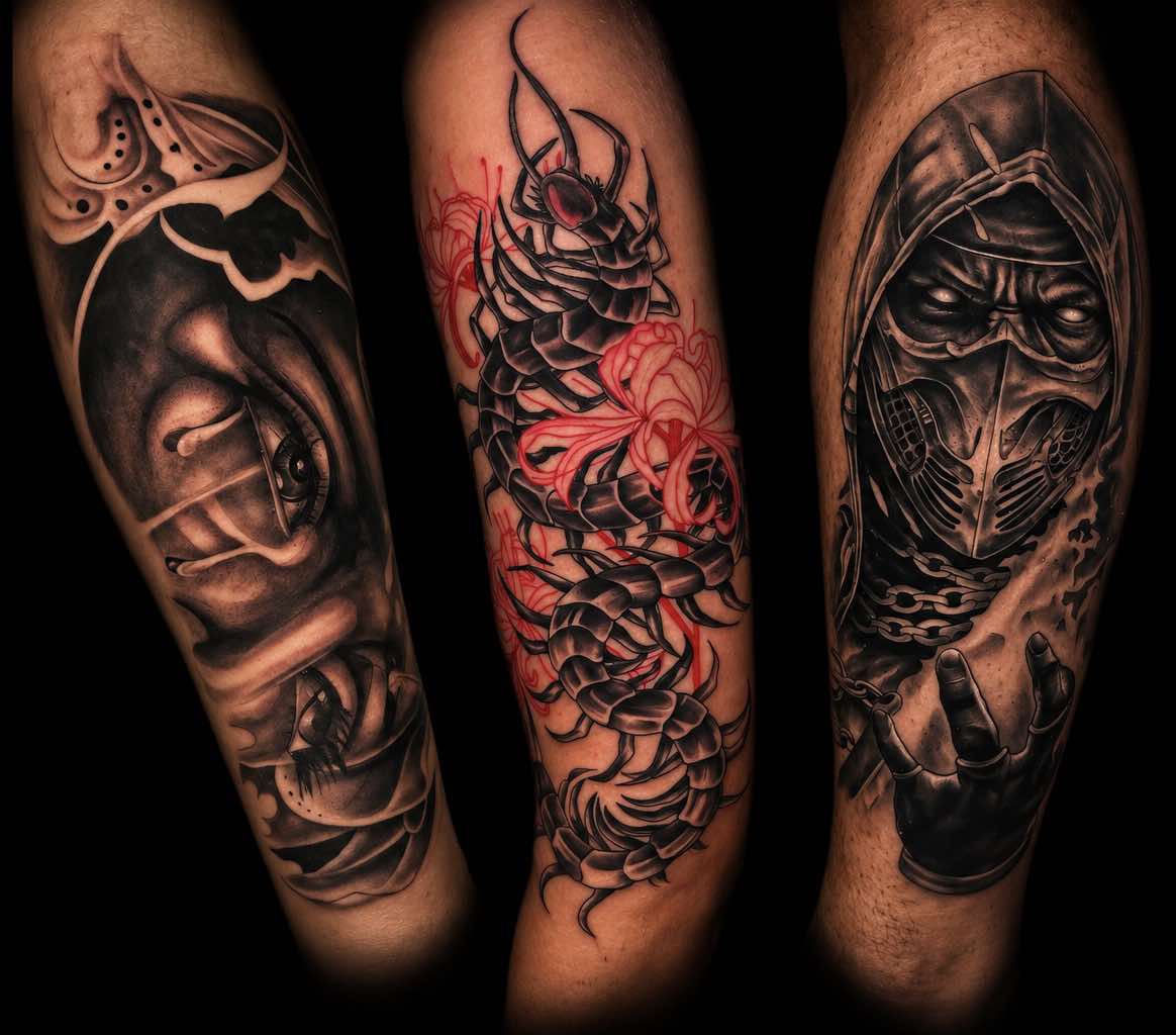 Steve’s eye portrait, red-accented centipede and masked warrior tattoos